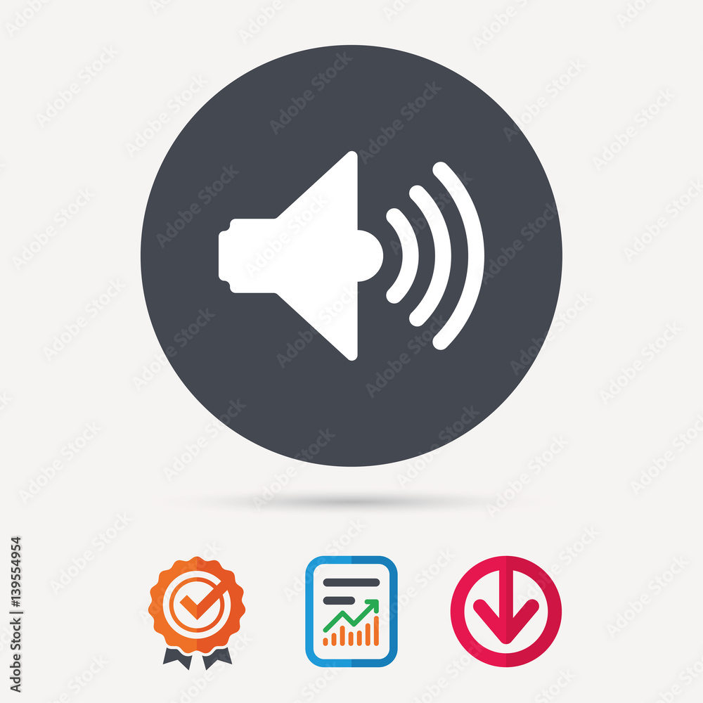 Sound icon. Music dynamic symbol. Report document, award medal with tick and new tag signs. Colored flat web icons. Vector