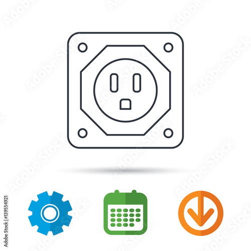 USA socket icon. Electricity power adapter sign. Calendar, cogwheel and download arrow signs. Colored flat web icons. Vector