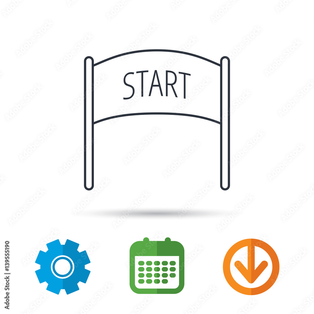 Start banner icon. Marathon checkpoint sign. Calendar, cogwheel and download arrow signs. Colored flat web icons. Vector