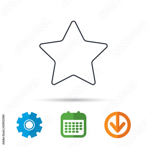 Star icon. Add to favorites sign. Astronomy symbol. Calendar, cogwheel and download arrow signs. Colored flat web icons. Vector