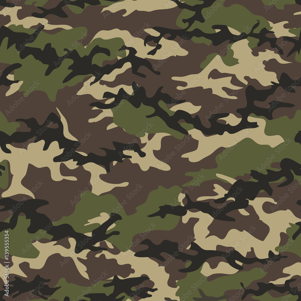 Camouflage seamless woodland pattern background. Military camouflage pattern. Fashionable camouflage textile. Military print. Seamless vector wallpaper. Clothing style Repeat print. Stock Vector Adobe
