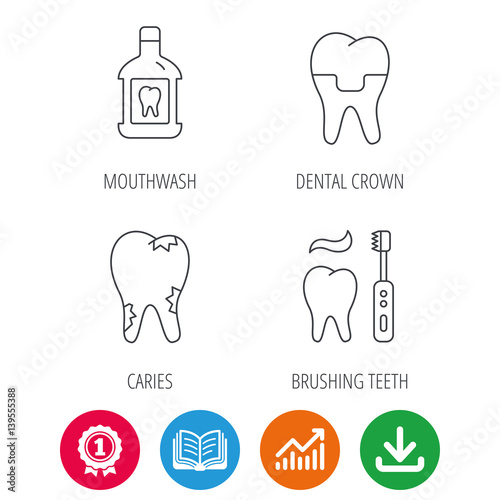 Caries, dental crown and mouthwash icons. Brushing teeth linear sign. Award medal, growth chart and opened book web icons. Download arrow. Vector