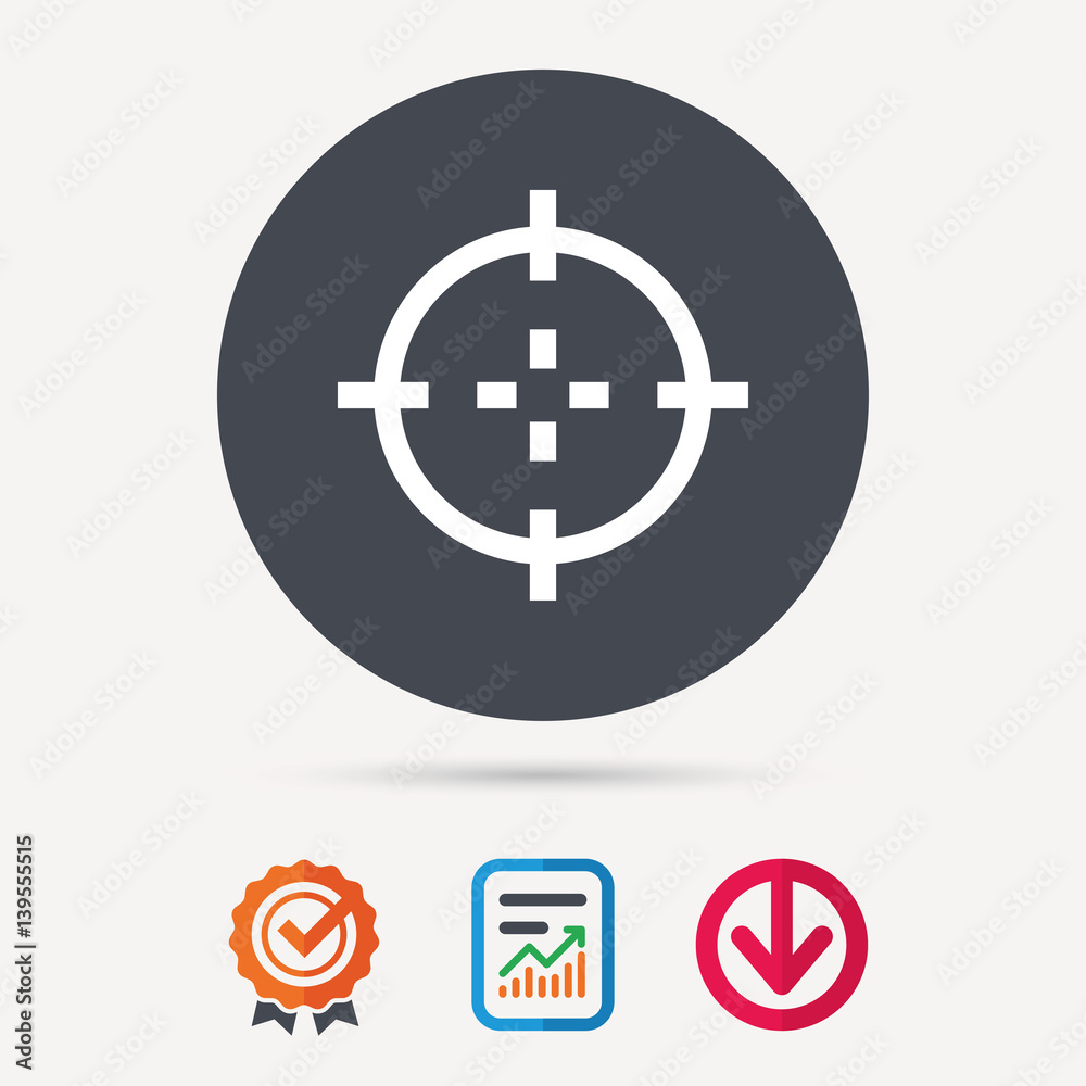Target icon. Crosshair aim symbol. Report document, award medal with tick and new tag signs. Colored flat web icons. Vector Target icon. Crosshair aim symbol. Report document, award medal with tick and new tag signs. Colored flat web icons. Vector
