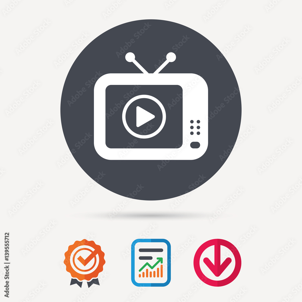 TV icon. Retro television symbol. Report document, award medal with tick and new tag signs. Colored flat web icons. Vector TV icon. Retro television symbol. Report document, award medal with tick and new tag signs. Colored flat web icons. Vector