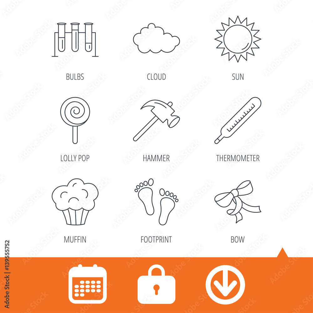 Fototapeta premium Footprint, lab bulbs and thermometer icons. Muffin, bow and lolly pop linear signs. Cloud and sun flat line icons. Download arrow, locker and calendar web icons. Vector