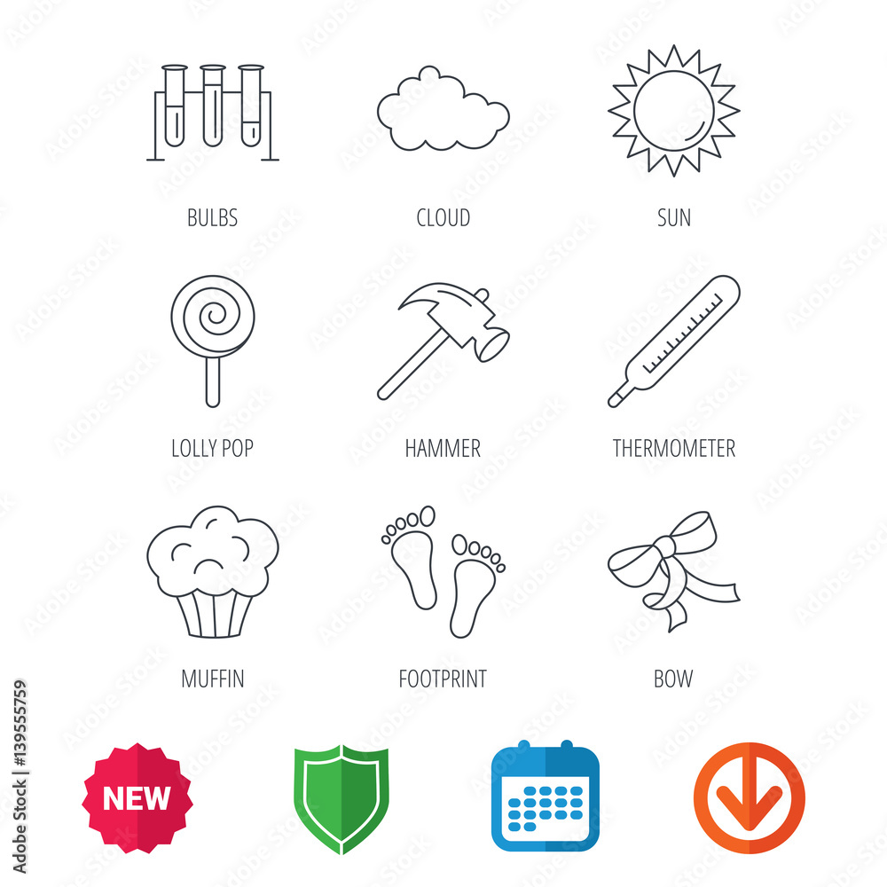 Footprint, lab bulbs and thermometer icons. Muffin, bow and lolly pop linear signs. Cloud and sun flat line icons. New tag, shield and calendar web icons. Download arrow. Vector Footprint, lab bulbs and thermometer icons. Muffin, bow and lolly pop linear signs. Cloud and sun flat line icons. New tag, shield and calendar web icons. Download arrow. Vector