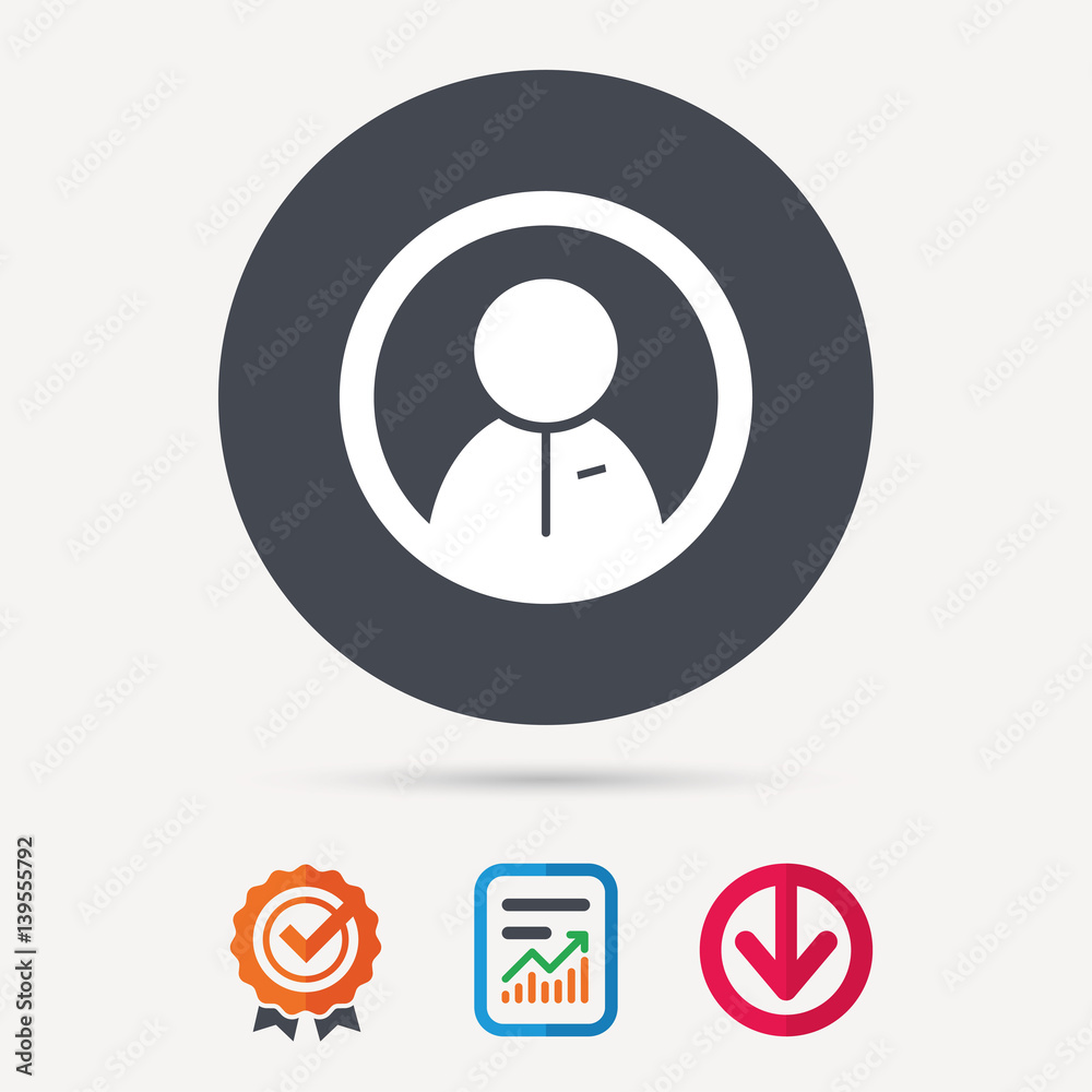 User icon. Human person symbol. Report document, award medal with tick and new tag signs. Colored flat web icons. Vector User icon. Human person symbol. Report document, award medal with tick and new tag signs. Colored flat web icons. Vector