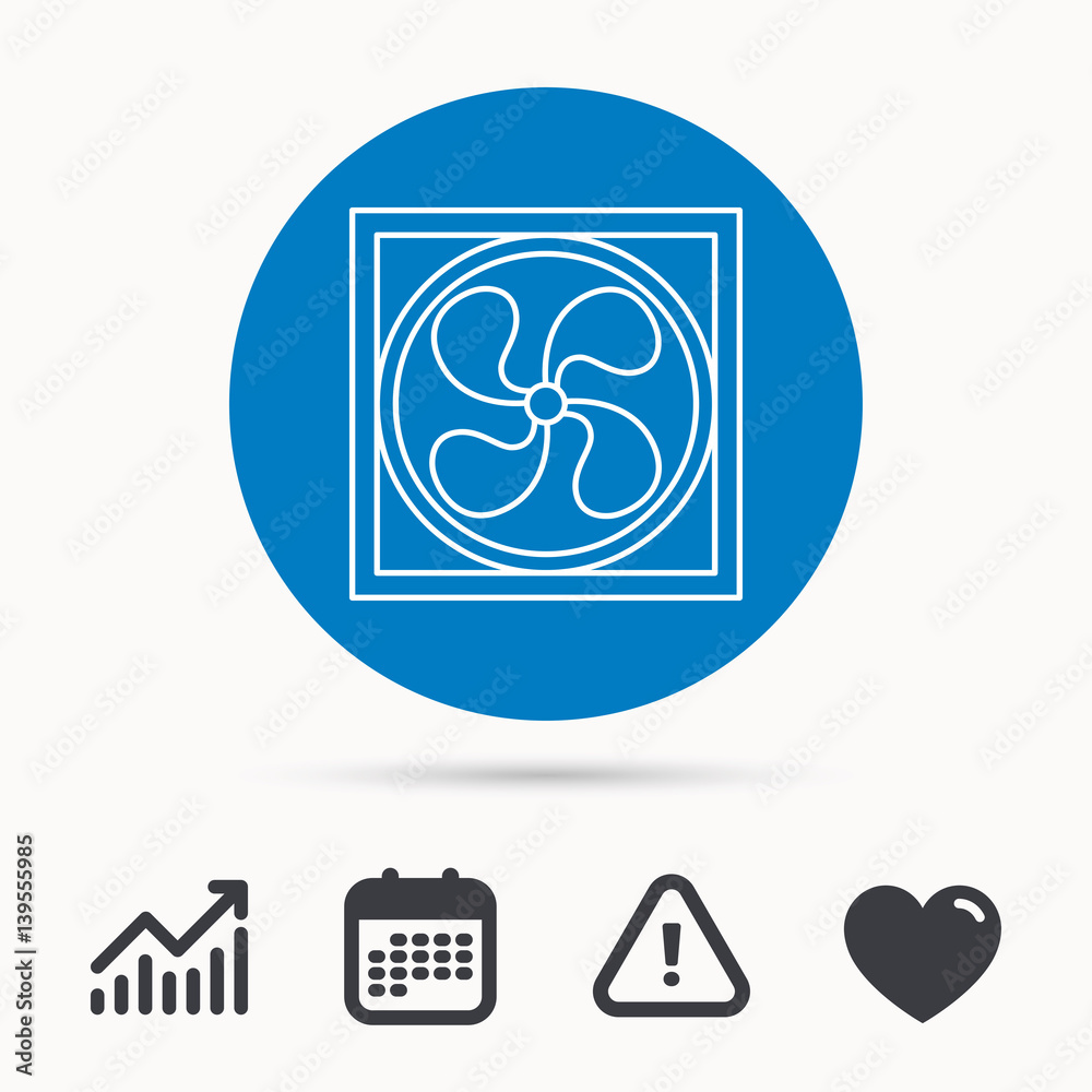 Ventilation icon. Fan or propeller sign. Calendar, attention sign and growth chart. Button with web icon. Vector Ventilation icon. Fan or propeller sign. Calendar, attention sign and growth chart. Button with web icon. Vector