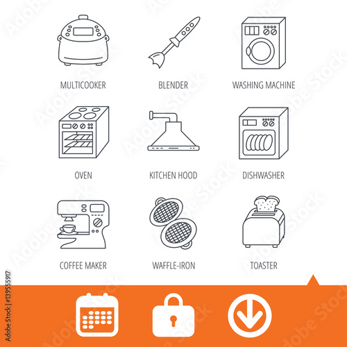 Dishwasher, washing machine and blender icons. Kitchen hood, coffee maker and toaster linear signs. Oven, multicooker and waffle-iron icons. Download arrow, locker and calendar web icons. Vector