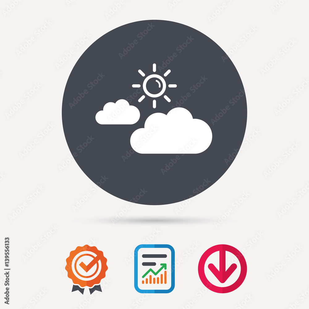 Cloud with sun icon. Sunny weather symbol. Report document, award medal with tick and new tag signs. Colored flat web icons. Vector Cloud with sun icon. Sunny weather symbol. Report document, award medal with tick and new tag signs. Colored flat web icons. Vector