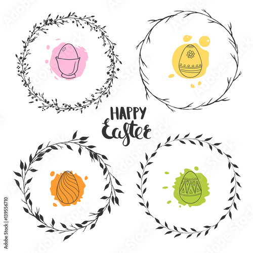 Set of four cute floral wreaths for Easter. Round vector wreaths isolated on white. Ornamental Easter eggs.