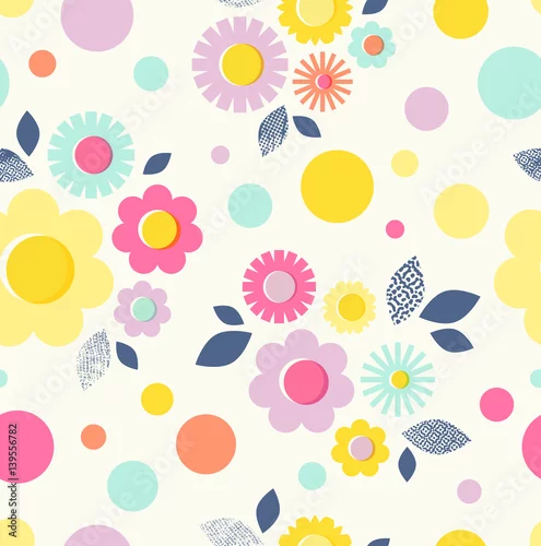 Fototapeta wzór z kwiatów, liści i kropek