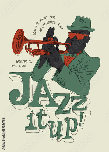 Jazz it up print with jazz trumpet player vintage drawing