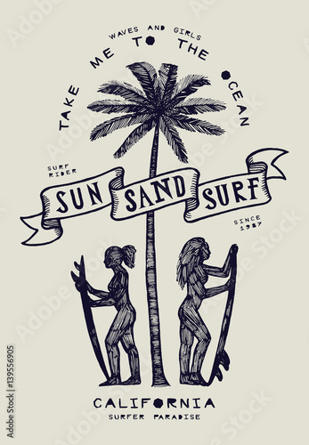 vintage tribal surf print with girls and palm - sun sand surf