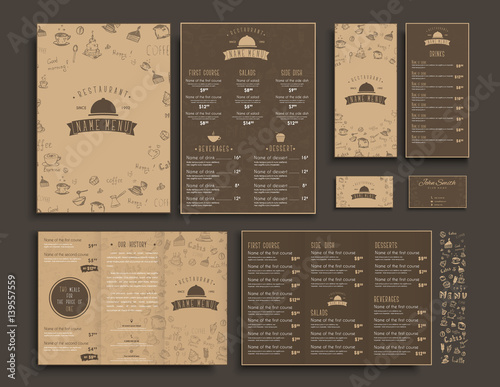 Set of A4 menu, folding brochures and flyers narrow for a restaurant or cafe.