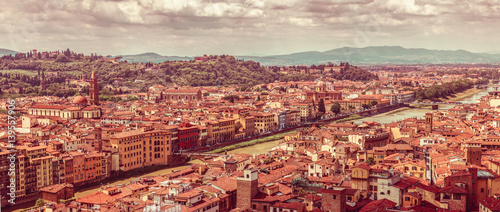 Evening sunset landscape view to ancient town Florence Arno