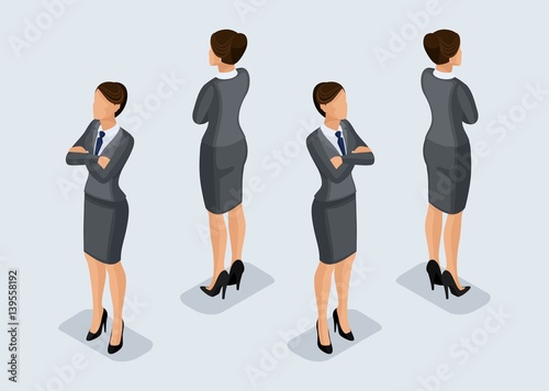 Trend Isometric People Set 5, 3D business woman in business suits, people's gestures, a front view and rear view isolated on a light background. Vector illustration
