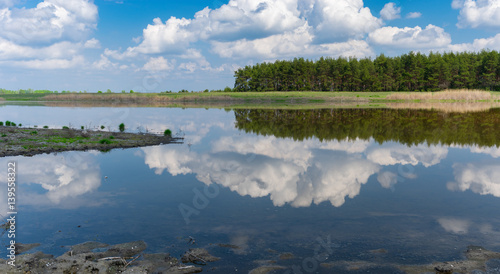 Spring panoramic landscape with lake Kozachy Liman in Chernetchina village, Ukraine