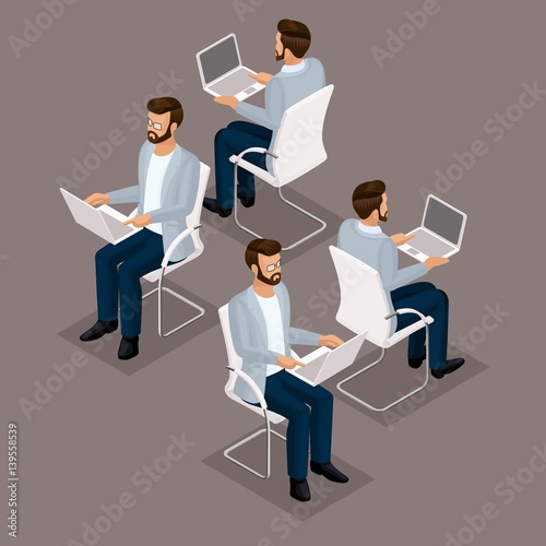 Trend Isometric people set 2, 3D businessman working at his desk on a laptop front view, rear view, glasses, stylish hairstyle hipster, office worker man in a suit isolated on a dark background