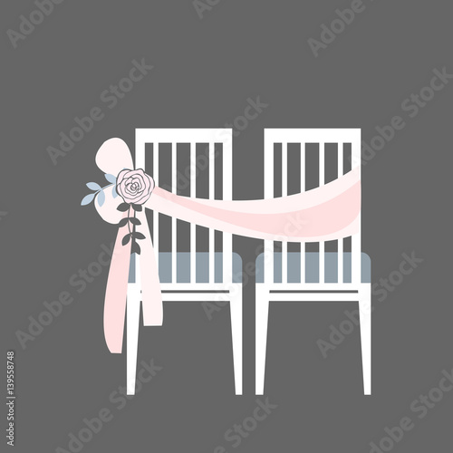 Wedding chairs decorated with ribbon and flowers. Vector illustration