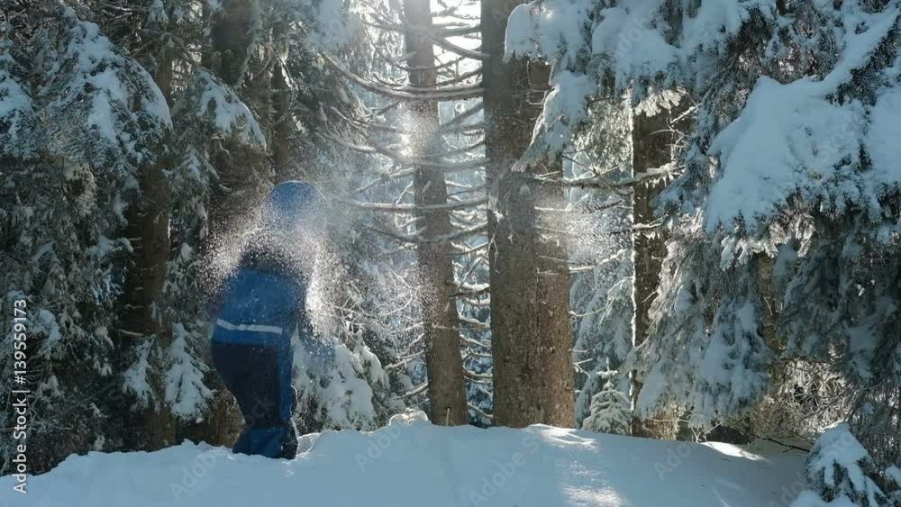 Boy in blue overalls on the hill playing snowballs in winter wood. He takes his hands that wore black gloves, snow flakes and throws away, then squat that would take another batch. Crumbly snow