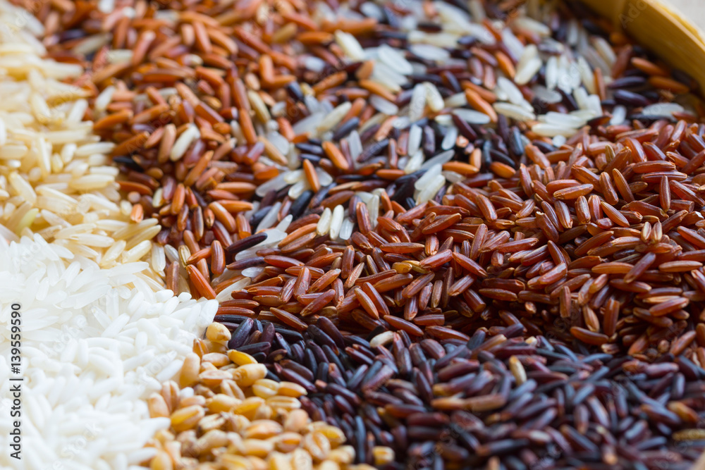Jasmine rice, Brown rice, Red rice,Black rice, Mixed rice and Riceberry texture for background