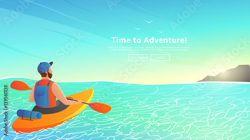 Man paddling kayak in sea. Character kayaking in ocean to island on a sunny day.  Vector illustration. Web banner of summer sport.