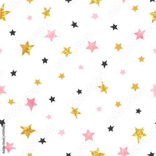 Stars pattern. Vector seamless background with watercolor pink and glittering golden stars.