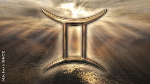 Mystic golden zodiac horoscope Gemini symbol. 3D rendering