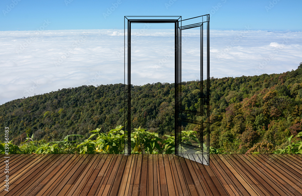 Landscape behind the opening door,3D