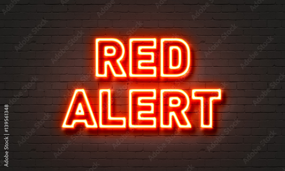 Red alert neon sign on brick wall background. - obrazy, fototapety, plakaty 