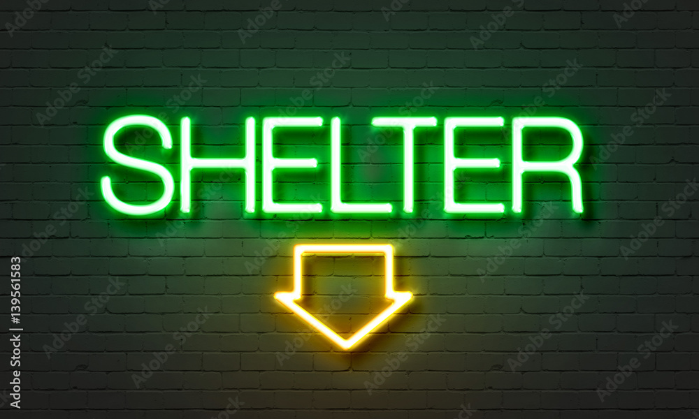 Shelter neon sign on brick wall background. Shelter neon sign on brick wall background.