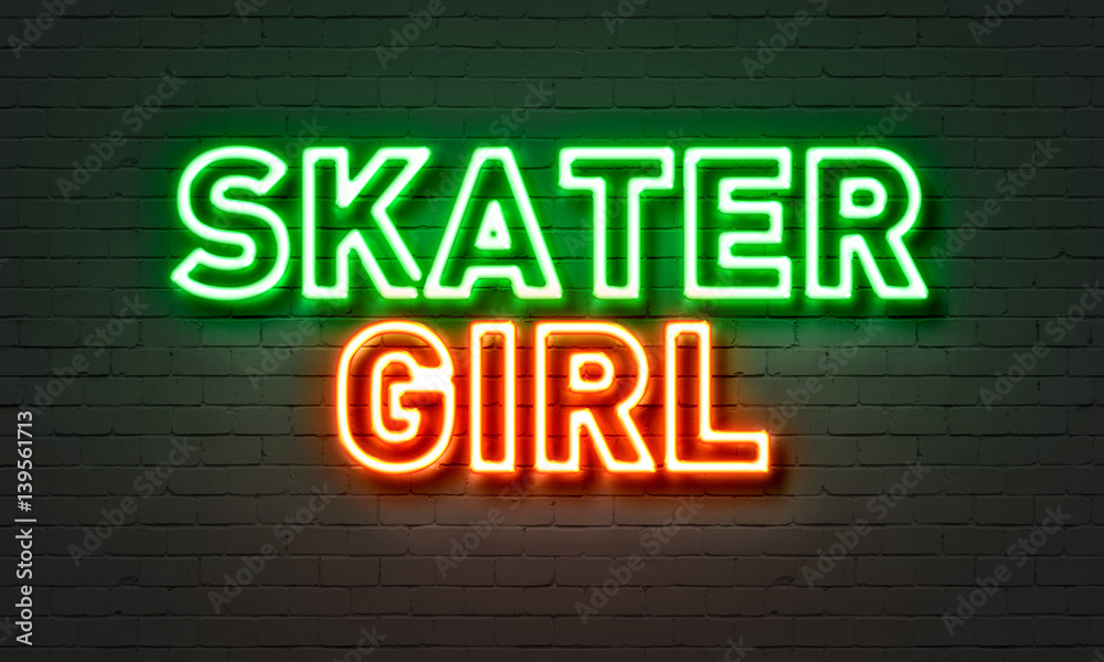 Skater girl neon sign on brick wall background. Skater girl neon sign on brick wall background.
