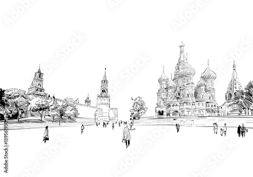 Russia. Moscow.Red square St. Basil's Cathedral. Hand drawn vector illustration.