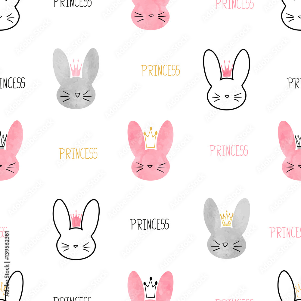 Seamless princess bunny pattern. Vector background with cute rabbits for girls design.