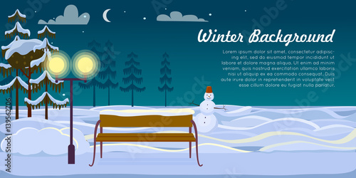 Snowman and Bench on Winter Background. Dark Night