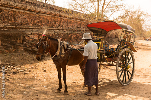 Coche de caballos y su dueño acicalándolo. © Lola Fdez. Nogales