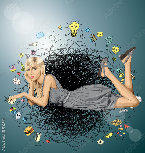 Blonde in pink lies on a floor