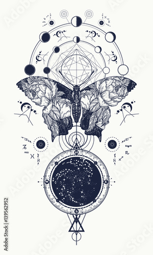 Butterfly tattoo in geometrical style. Beautiful butterfly boho t-shirt design, wings and roses, Esoteric symbol of freedom, magic, travel. Tattoo for woman, style double exposure