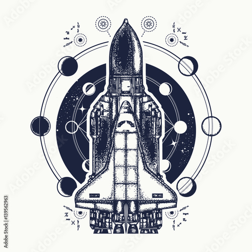 Space shuttle tattoo art. Symbol of space research, the flight to new galaxies. Space shuttle taking off on mission t-shirt design