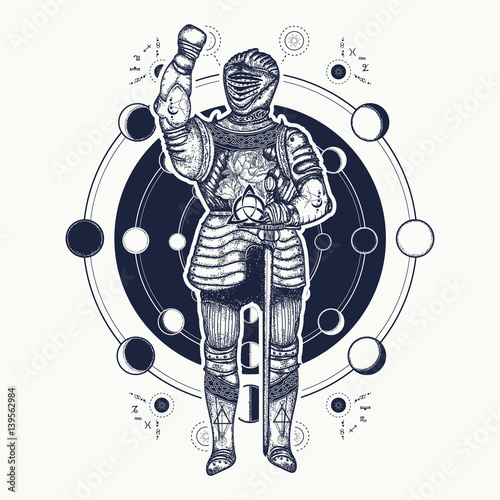 Medieval knight tattoo art. Esoteric symbol ancient war, lunar phases. Alchemical motives, sacral geometry