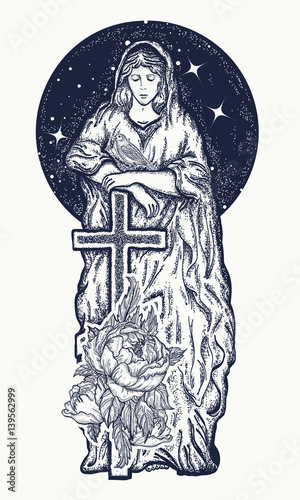 Virgin Mary tattoo art. Symbol of Christianity, religion, mother of Christ. Virgin Mary with a cross t-shirt design