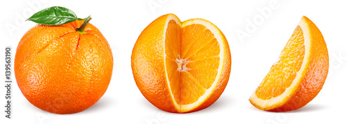 Orange fruit with leaf isolated on white background. Collection.