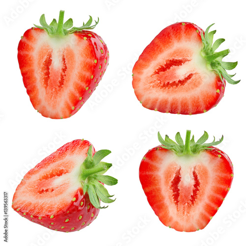 Strawberry. Fresh berry isolated on white background. Half, slice, piece, segment, part. Collection.