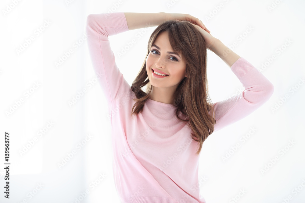 Beautiful smiling woman on white background Beautiful smiling woman on white background