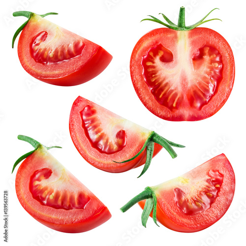 Tomato. Fresh vegetable isolated on white. Whole, half, slice, piece, quarter, section, segment. Collection.