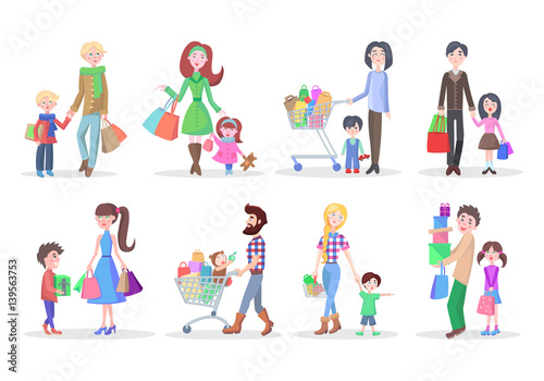 Set of Different Buying People on White Background