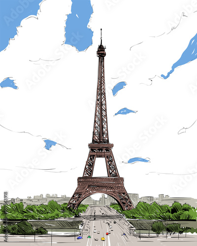 France. Paris. Eiffel Tower hand drawn sketch. Vector illustration.