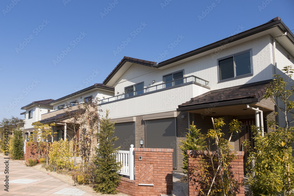 住宅　分譲住宅街　イメージ　晴天　青空　テラス付きの家とインターロッキングの道路
