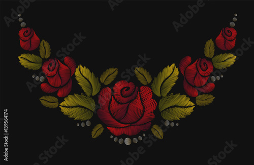 Red roses embroidery on black background.